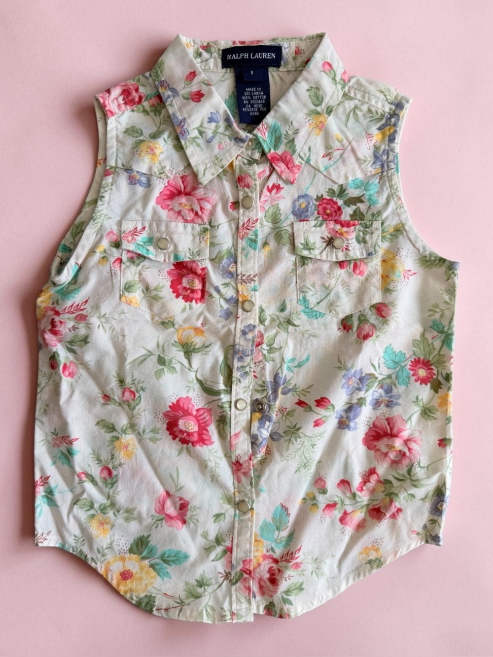 Ralph Lauren Kids Girl Cotton Button Down Shirt No Sleeve Floral Size 5
